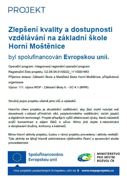 Fotografie z článku: Projekt Zlepšení kvality a dostupnosti vzdělávání na Základní škole Horní Moštěnice
